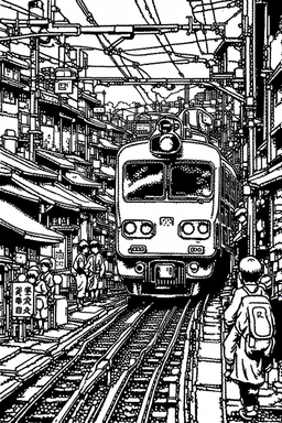 Tokyo railway area, line arts, manga style