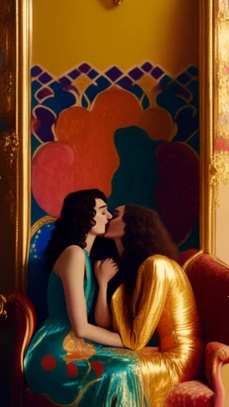 Masterpiece, fine art, award winning, "like Gustav Klimt : the Kiss in a chair" 2 w, RAW photo, eye candy in the style of (petra collins::Robin Eley:1.5), (Suhaila Ben Lachhab::Heidi Moussa:1.5) in breathtaking cinematic shot (full body shot, from below angle) that emphasizes the stunning cheek bones, texturized black hair,(big detailed eyes:1.5) (cottagecore aesthetic:5) with extreme sensuality, Irresistible with (porcelain skin:4.8), sitting on an old chair, retro vintage style