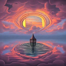 fractals in a human form, Beautiful cloudy polluted sunset skies,reflections, Jacek Yerka, soft focus