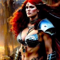 portrait beautiful face Red Sonja medieval metal armor balanciaga fashion clothe painting by gaston bussiere, greg rutkowski, yoji shinkawa, yoshitaka amano, tsutomu nihei, donato giancola, tim hildebrandt, oil on canvas, cinematic composition, extreme detail