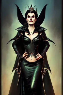 painting of morrigan hel as evil queen in black leather gown, feminie, angry, stern look on her face, emperious, highly detailed, digital painting, artstation, concept art, smooth, sharp focus, illustration, art by gaston bussiere and alphonse mucha