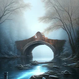 fantasy art, book illustration, big swan under a bridge , old mill wheel ,icy water,seen through the tree tops, icy frame