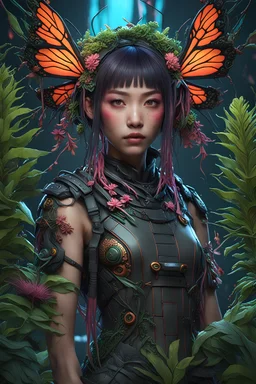 Expressively detailed and intricate 3d rendering of a hyperrealistic: asian girl, cyberpunk plants and flowers, neon, vines, flying insect, front view, dripping colorful paint, tribalism, gothic, shamanism, cosmic fractals, dystopian, dendritic, artstation: award-winning: professional portrait: atmospheric: commanding: fantastical: clarity: 16k: ultra quality: striking: brilliance: stunning colors: amazing depth