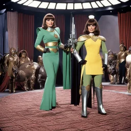 Shahna the humanoid drill thrall ready to battle Captain Kirk in "The Gamesters of Triskelion" 1968. Yes, the carpet matches the drapes and in the 1960s and 1970s carpeting was standard. Even into the 1980s.