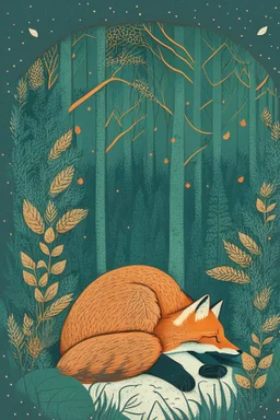 in a cosy vintage style, a fox sleeps in a forest