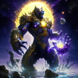 A terrifying creature combining water and sun with the powers of a werewolf and Dracula A battle suit made of galaxies and stars with a glove that has seven endless stones with thanos Infinity Gauntlet