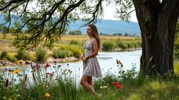 a beautiful lady in nice decolte mini dress sport shes in country side next to river and big tree,wild flowers standing
