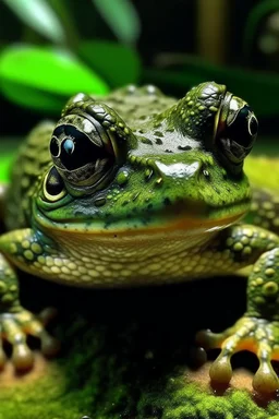 A frog head green colour with slimy, scaly skin. It will have large, bulging eyes that glow long, tentacle-like appendages that it .sturdy, yet flexible body,sharp claws on its wings and feet,long, slender tail
