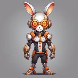 Administrator Male dressed in a bunny costume with bunny ears they are a cyborg and the cyborg costume-parts are orange-red gold and silver with a cyborg eye and is hairless, in 2d chibi art style