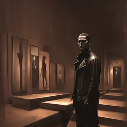 a dark art gallery filled with classical paintings and a man in a leather jacket in the corner