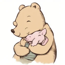 simple illustration of Winnie the pooh cuddling piglet. White background.