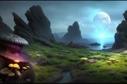 A hyper-realistic 16K 3D photograph of an alien world, with a woman in a spacesuit looking over a rocky shoreline, witch's hat mushrooms with tentacles floating across the sky