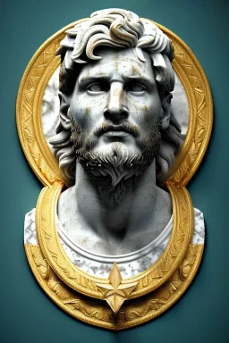 Ultra Realistic image, Roman sculpture, white marble material, Lionel Messi, gold Laurel leaves wreath, renaissance ornaments, radial gold lines, one gold star in heart, gold sun ornament back, blue background, chisel style, waist up portrait, emperor style, epic, celestial, cinematic lighting, God light, god rays, 4k resolution, smooth details, ornate details, soft lighting, unreal engine 5, art station, substance 3d.