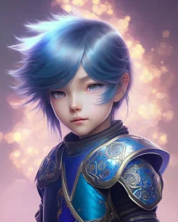 Detailed anime child girl, blue hair, dragon scale armour, intricate details, full body portrait, keep head in frame, slight smile, black Japanese motif, concept art, highly detailed, digital painting, concept art, sharp focus, illustration, art by Yoji Shinkawa, WLOP and greg rutkowski and alphonse mucha and artgerm and yanjun Chen and Junji ito and Makoto Shinkai, HDR, octane render, dark background