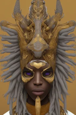 black male African Egyptian alien, cracks in the voodoo head, wicked, eyes, crown, Elephant, 8k, finely detailed, photo realistic, tiger turquoise skull head gold dragon space alien snow skeleton gold fang teeth silver crown silver eyes