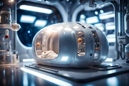 креогеная капсуладля долгого сна в космосе в лаборатории мягкое светлое освещение 4k realistic photo