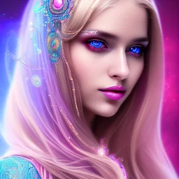 beautiful, soft, smiling face, whole head, long straight blonde hair blues eyes, crown on the head, clothing in transparent bluish and pink veil, background brillante bluish and pink, hight definition, 8K