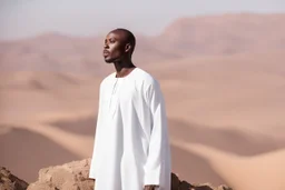 african man wearing white thobe. standing on high mountain looking out to the desert