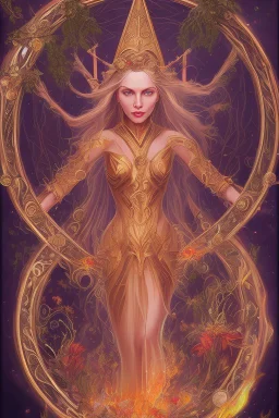 Create an image of a Wiccan Mayday Goddess. The goddess should be depicted as a beautiful and powerful figure, surrounded by symbols of the element of fire. Her hair should be long and flowing, and she should be dressed in a flowing gown or robe. In the background, include imagery of flowers, greenery, and perhaps a bonfire or other symbols of the Beltane celebration. The image should evoke a sense of joy, celebration, and spiritual connection to nature.