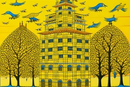 A golden yellow atomic prison designed in Indian Gond art painted by Katsushika Hokusai