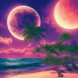 1980's vaporwave aesthetic palm trees with lightning with lunar eclipse in the ocean waves sunset