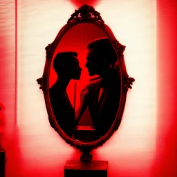 A dark silhouette encounters its reflection in the mirror, amidst an ambiance of red hues and romantic undertones.