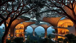 A series of interconnected, curved buildings resembling the canopies of giant trees. Each building is made of advanced, sustainable materials and features panoramic windows that blend seamlessly with the natural surroundings. Award-winning photograph, beautiful composition, exquisite detail and illumination