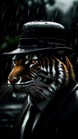 primer plano de un tigre con gorro, traje y sobre todo negro, en un día lluvioso, melancólico, en ambiente misterioso de 1800