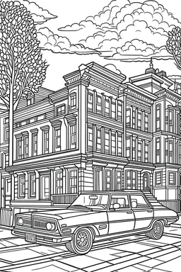 A Coloring book page, black and white, new york classic standard Townhouse, classic new york city taxi, busy street. The outlines should be simple and suitable for younger colorists.