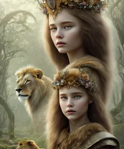 Young beautiful girl wearing floral crown with a stunning lion on nature forest path, Chronicles of Narnia, 8k resolution, high-quality, fine-detail, iridescent, intricate, digital art, detailed matte, volumetric lighting, beautiful, illustration, 3D octane render, brian froud, howard lyon, selina french, anna dittmann, annie stokes, lisa parker, greg rutowski,