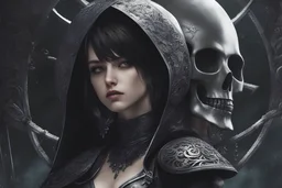 Beautiful girl with skull in her face in 8k nier automata artstyle, Wednesday them, hollow knight Custom, close picture, rain, fantasy world, intricate details, highly detailed, high details, detailed portrait, masterpiece,ultra detailed, ultra quality