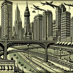 vintage Xylography Chicago, Rt 66 street sign, Sears tower, lakeshore drive, Riverwalk, lake Michigan, Millennium park, street signs, bridge, traffic --exp 90 --profile c9s7l73 --stylize 30