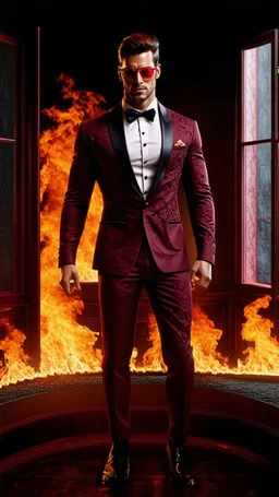 Hyper Realistic Photographic View of a handsome muscular Fire-Superhero wearing long-fancy-Maroon-tuxedo damask-patterns on it & wearing fancy-red-sunglasses with flame-embers-around-him & standing on a vintage-crafted-balcony & maroon-open-fancy-windows & fancy-damask-wallpapers on walls at dark night showing dramatic & cinematic ambiance.