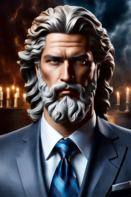 Hyperrealistic photography of Zeus today, dressed in an elegant suit and ultra warm tie, incredible work of art