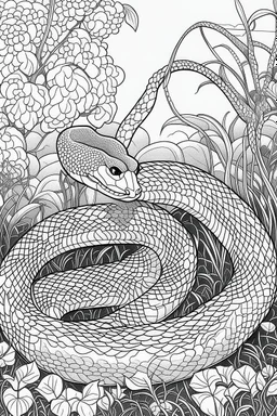 Outline art, no shading, snake full body in the garden, cartoon style, black and white, low detail, --ar 9:11