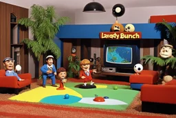 [1960’s stop-motion animation style in the living room] a 70s humour funny advertisement video TV featuring The Brady Bunch, Gilligan's Island, Laugh-In, The Partridge Family as a claymation character toy from a claymation horror movie in burning rainbow land, from hell, creepy Videos, eyeballs and trees everywhere , as old advertisement shot on video VHS