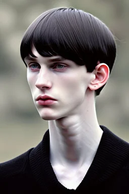 Pale skin tone, black hair in a longish bowl cut w... | @owej04pnu6dz