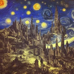 gothic painting of a city in a fantasy starry night photorealistic