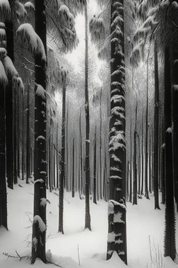 The woods were silent. The thin long trees stood like statues in the crisp cold snow. Squirrels scuttled along the ivory white paths. You could smell the odour of pine coming from the still trees. Stumped trees kneeled down into the snow. The air was brisk and swung from side to side. You could feel the rigid hard bark engraved on the logs.