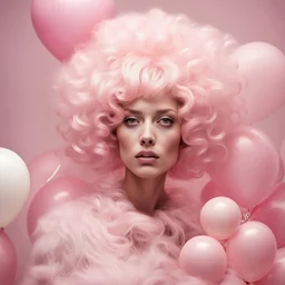 a woman in a pink wig surrounded by balloons, inspired by Frieke Janssens, trending on cg society, pink fluffy fur, light pink lipstick, high fashion themed, big hair, anton fadeev 8 k, with soft pink colors, fluffy, shot with Sony Alpha a9 Il and Sony FE 200-600mm f/5.6-6.3 G OSS lens, natural light, hyper realistic photograph, ultra detailed -ar 3:2 -q 2 -s 750