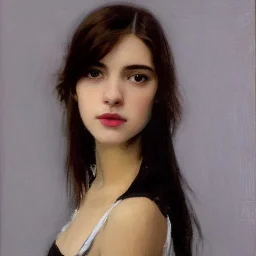  100 % modern conceptual art, realistic portrait oil painting by john William Waterhouse and Malcom Liepke of a beautiful 18 year old woman , front view centered 3/4 figure symmetrical and cinematic side lighting, precise brushstrokes and subtle blended variations in skin color temperature, perfectly proportioned female figure elegantly posed and wears contempory casual clothes, short tangled hyper-realistic detailed jet-black hair with bangs! Perfectly symmetrical facial features ,cgsociety, un