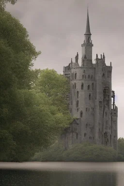 Fantasy Gothic Tower, With A Side Building, On An Island, In A Lake, In Woodland With A Flying Boat Overhead