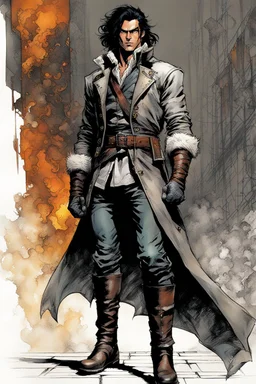 Create a fine art print , full body illustration of a young epic fantasy character of Lankhmar , with finely lined and detailed facial features, in an open laced fur jerkin, grey leather breeches , a long belted sash at the waist, ,battered soft leather boots, , in the comic book style of Bill Sienkiewicz, Howard Chaykin, Mike Mignola, Philippe Druillet, and Jean Giraud Moebius, precisely drawn, colored and inked