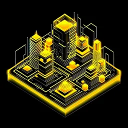 isometric sci-fi city at night, shiny neon lights, black background --ar 3:2 Coin, symmetrical, flat icon design Target, symmetrical, flat icon design Vase, symmetrical, flat icon design 3d typography of the letter A, on a yellow background, chrome shiny texture, ridges, minimal