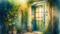 A whimsical watercolor illustration with soft pastel colors and dreamy washes, An unlocked door appeared in the alley of whispers, framed by overgrown vines and flickering lanterns, creating a magical and enchanting atmosphere