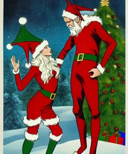 two elves. woman and man. stand apart. Christmas scene. poster. marvel comic.