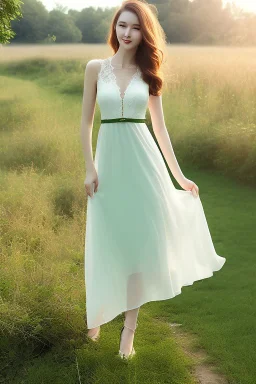 full shot body of Woman portrait with fairly pale skin , green eyes, long auburn hair, and wearing a pretty lace dress . Her outfit is a sexy dress , nice sport shoes. country side ,small lake with a hose in side,