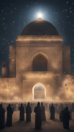 Hyper realistic celebration outside Al-Aqsa Mosque with garland light at night