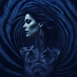 the skull is distorted by the twists and turns of a woman with dark hair, in the style of neon impressionism, spiral vortex patterns, dark blue and light black, photoillustration, made of feathers, expressive light and shadow, expressionist emotiveness --s 750 --v 5. 2 --style raw, cinematic photo, shot with Sony Alpha a9 Il and Sony FE 200-600mm f/5.6-6.3 G OSS lens, natural light, hyper realistic photograph, ultra detailed -ar 3:2 -q 2 -s 750