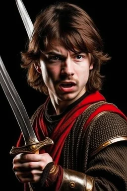 european brown hair young adult royal guard swordsman with rapier scary face screamer